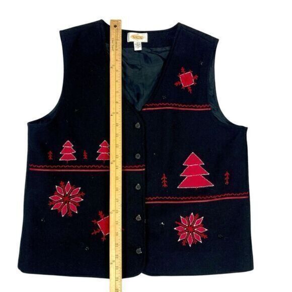 Talbots Holiday Vest Womens Large Black Red Wool Appliqué Embroidered Christmas - Picture 8 of 11